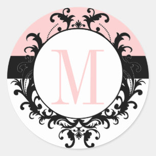 Moda Boda francés Monograma M Damask Etiqueta rosa