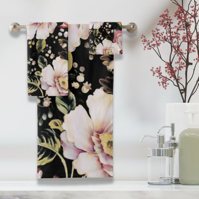 moda bohemia flores rosadas oscuras florales (bohemian chic blush pink flowers dark floral bath towel set)