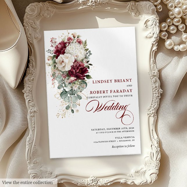 Moda Boho Borgoña Invitación a la boda floral blan (Chic Boho Burgundy White Floral Wedding Invitation)
