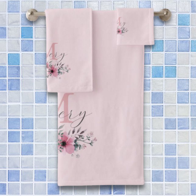 Moda botánica acuarela rosa monograma floral (Botanical chic pink watercolor floral monogram bath towel set)