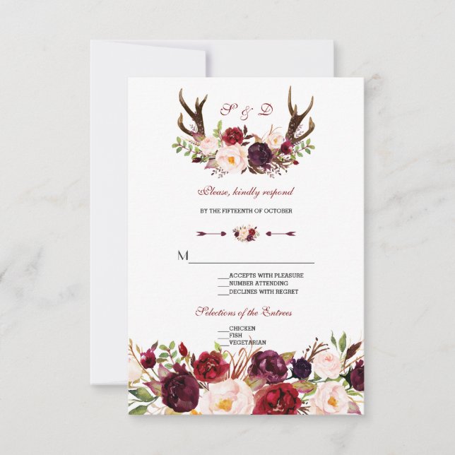 Moda Burgundy Marsala Antlers Floral Wedding RSVP (Anverso)