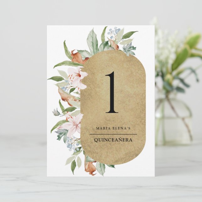 Moda Champagne y Rosa Gold Floral Table Number (Anverso de pie)