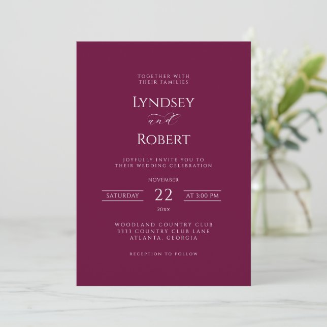 Moda Clásica Borgoña y Invitación a la Boda Blanca (Anverso de pie)
