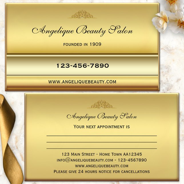 Moda Classic Gold Beauty Cita tarjeta de visita (Elegant business appointment card in stylish classic gold - beauty - nail salon - french manicure)