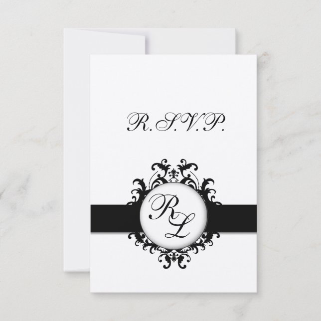 Moda Damask Monograma Boda RSVP Tarjeta Plata (Anverso)