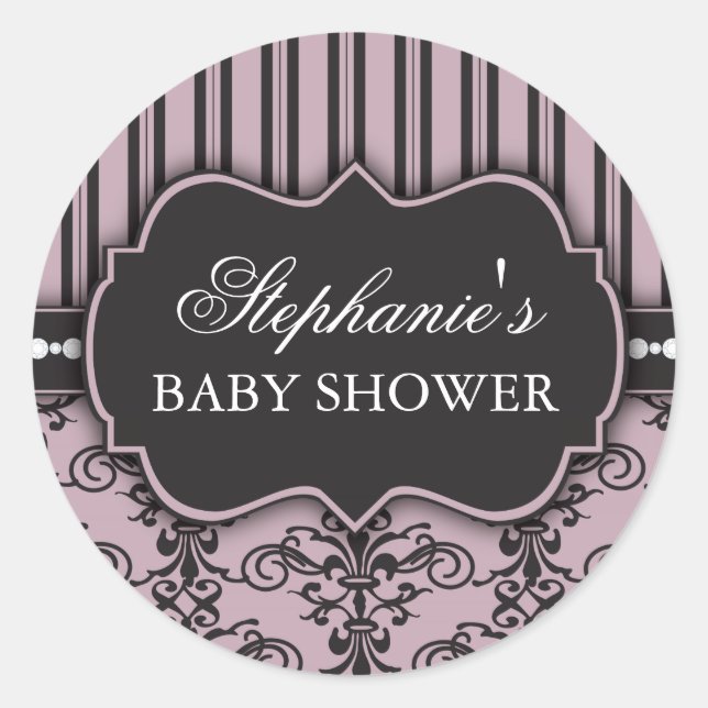Moda Damask y Stripe Pegatina de Baby Shower Favor (Anverso)