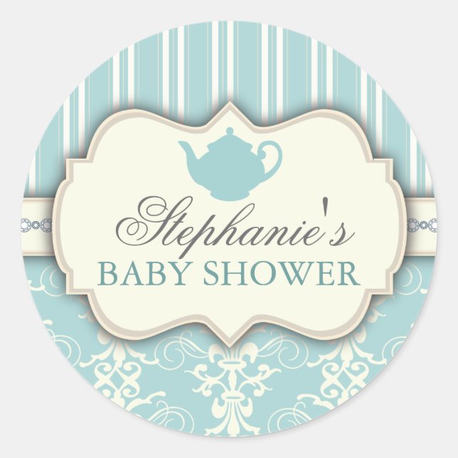 Moda Damask y Stripe Pegatina de Baby Shower Favor (Anverso)