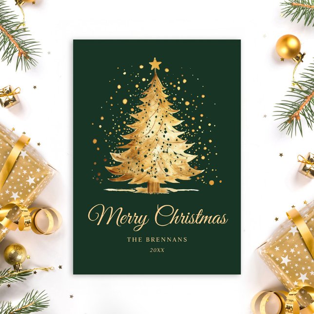 Moda de árbol de Navidad elegante oro verde Minima (Christmas Tree Chic Elegant Minimalist Green Gold Holiday Card)