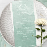Moda de color verde pálido, menú Boda monograma<br><div class="desc">Agradable con los comensales con esta bonita carta boda de color verde claro, con un elegante monograma botánico dibujado a mano con iniciales de parejas sobre un exquisito fondo acuarela, en una bonita mezcla de tonos verde claro, verde menta y sabio. Fácil rellenar la plantilla con sus detalles y menú...</div>