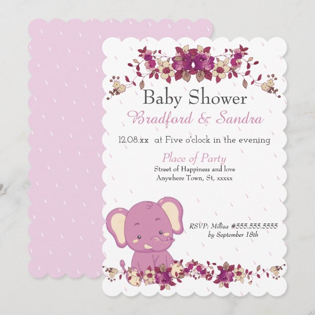 Moda de elefante rosa floral Invitación simple a B (Anverso / Reverso)