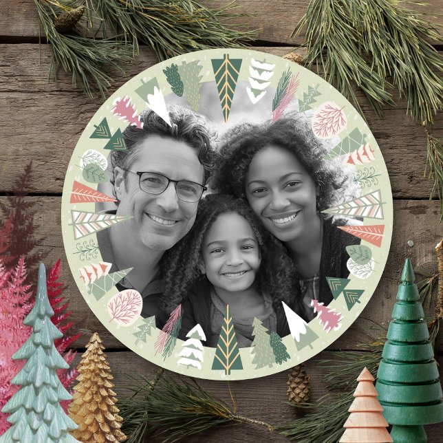 Moda de época Árbol de Navidad Foto Ronda rosa VER (Vintage Retro Modern Christmas Trees Circle Family Photo Holiday Card, Blush Pink Sage forest Green )
