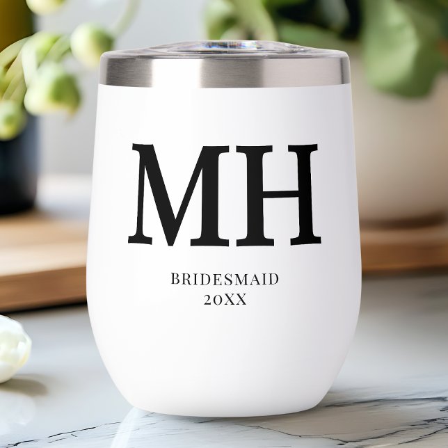 Moda de monograma moderno negro Bachelorette Bride (Black Modern Monogram Chic Bachelorette Bridesmaid Thermal Wine Tumbler)