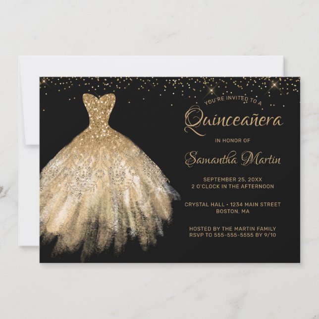 Moda de Quinceañera vestido de oro con invitación  (Anverso)