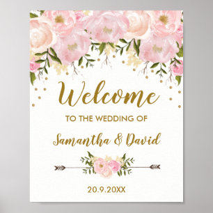 Moda de señal de bienvenida de Boda floral dorado