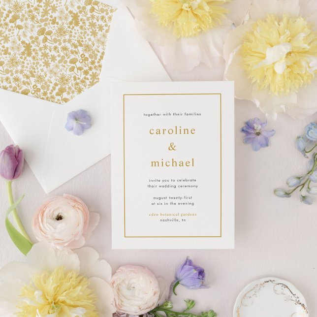 Moda Ditzy Invitación a la boda floral (Golden yellow and white ditzy floral garden chic wedding invitations.)