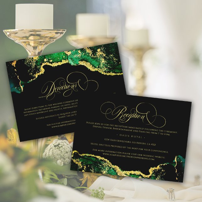 Moda Dorado Verde Negro Dirección de recepción Bod (Chic Gold Green Black Reception Directions Wedding Enclosure Card)
