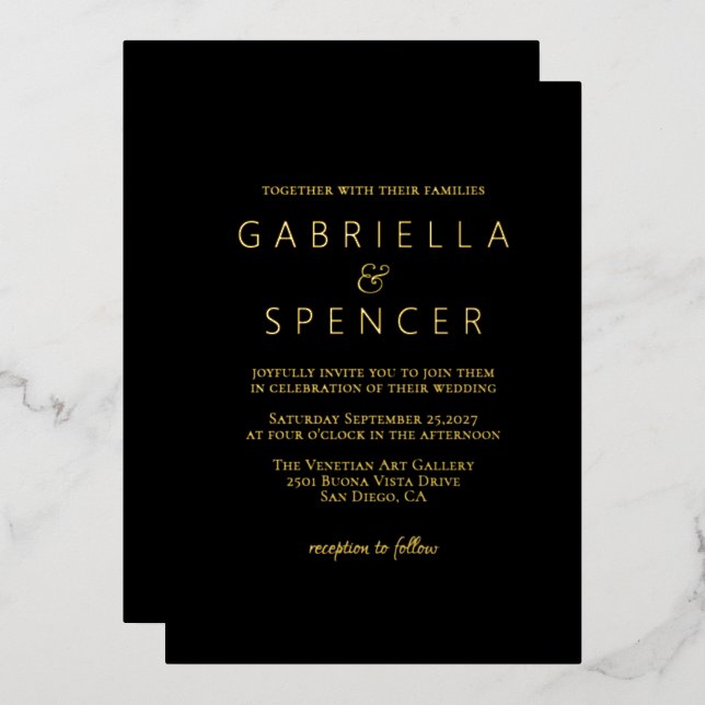 Moda Elegante Boda Negro Invitación al Relieve met (Anverso/Reverso)