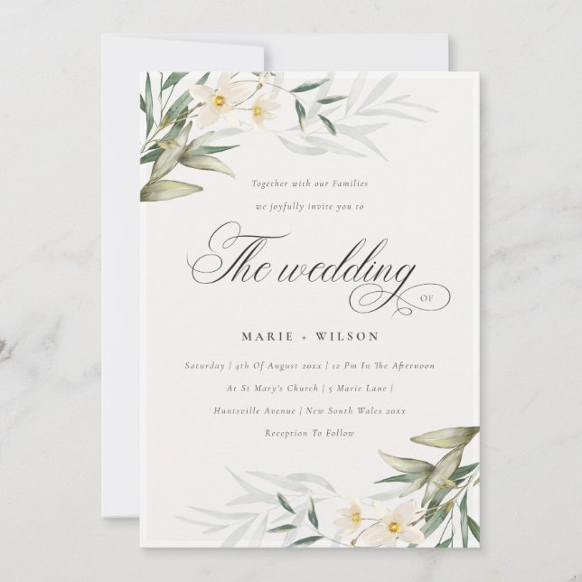 Moda Elegante Vegetación Blanca Invitación a la Bo (Anverso)