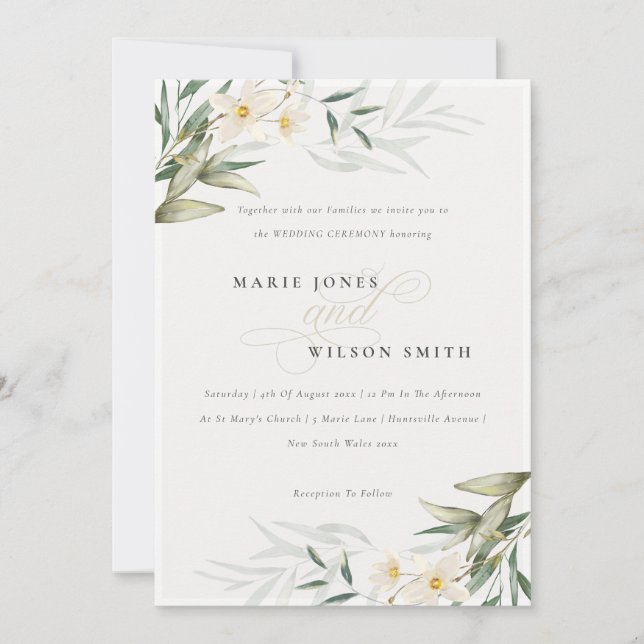 Moda Elegante Vegetación Blanca Invitación a la Bo (Anverso)