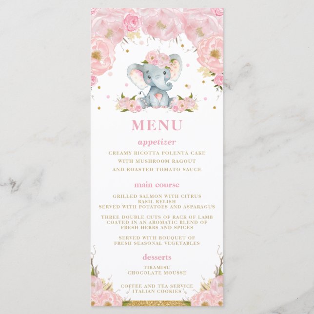 Moda Elephant Rubor Pink Floral Menú Baby Shower (Anverso)