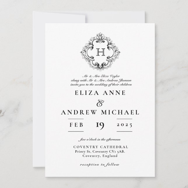 Moda Escudo de Monograma Blanco Negro Invitación a (Anverso)