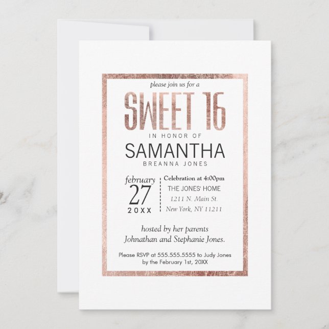 Moda Faux Rosa Gold Sweet 16 Invitaciones (Anverso)