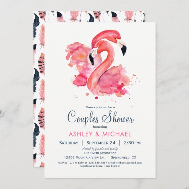 Moda Flamingo Rosa Parejas Ducha Invitación (Anverso / Reverso)