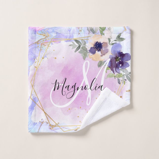 Moda Floral Azul rosa Oro Mármol Arcoiris Monogram (Toallita)