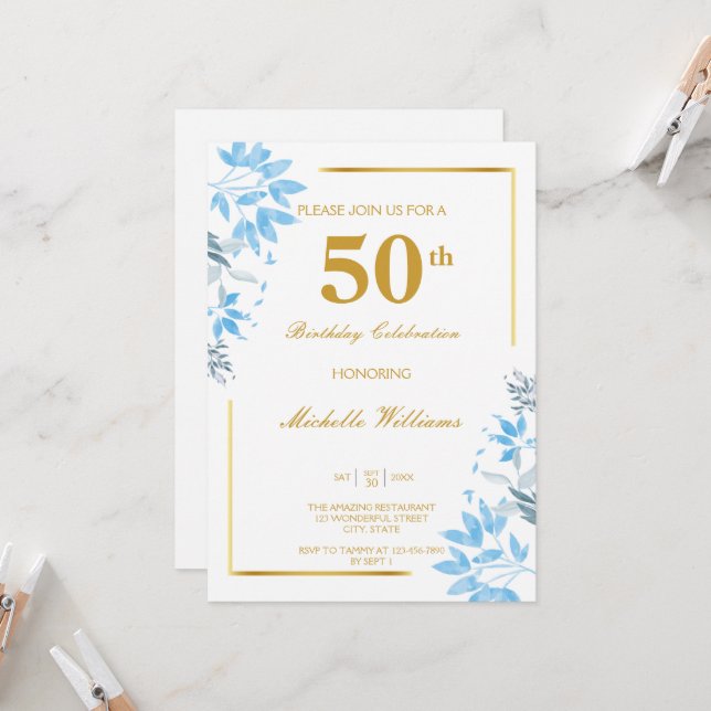 Moda Floral Azul y Oro 50 cumpleaños Invitación (Anverso/Reverso In Situ)