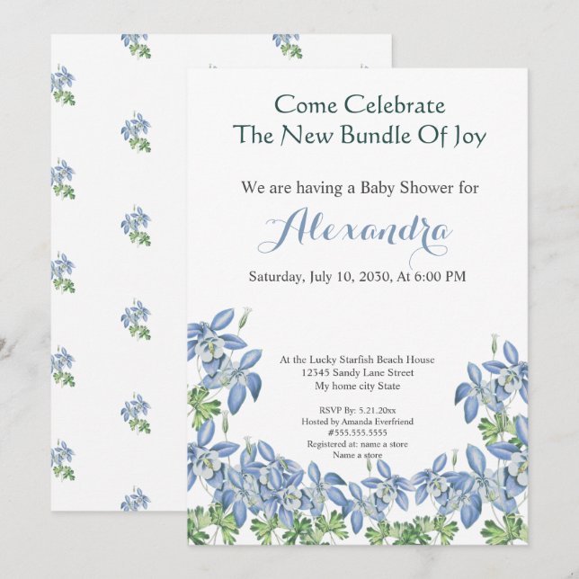 Moda Floral Columbine Blue Boy Baby Shower (Anverso / Reverso)