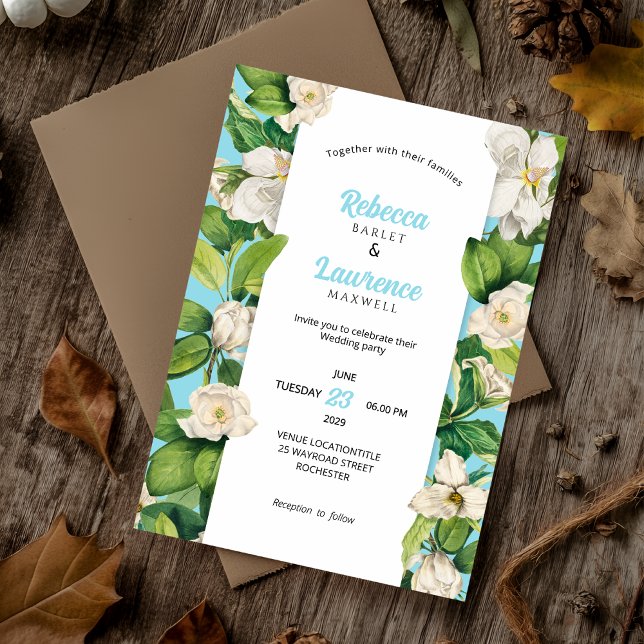Moda flores blancas hojas verdes boda Invitación (Subido por el creador)