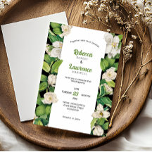 Moda flores blancas hojas verdes boda Invitación