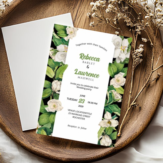 Moda flores blancas hojas verdes boda Invitación (Subido por el creador)