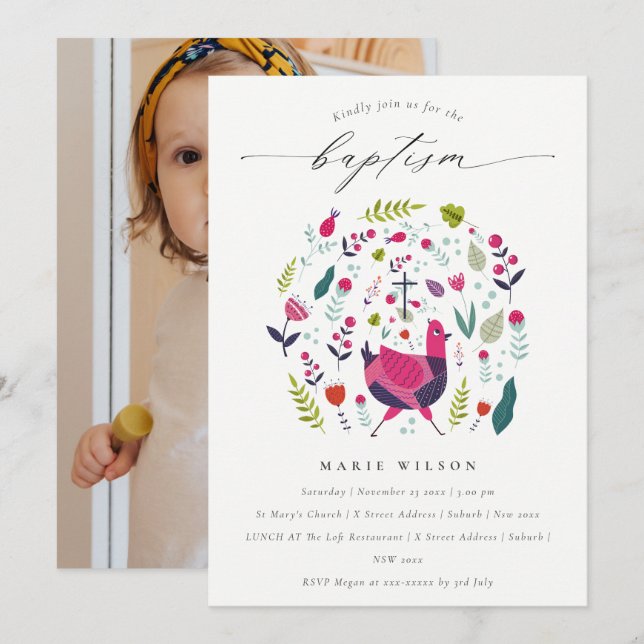 Moda Folk Farm Floral Birdie Invitación al bautism (Anverso / Reverso)