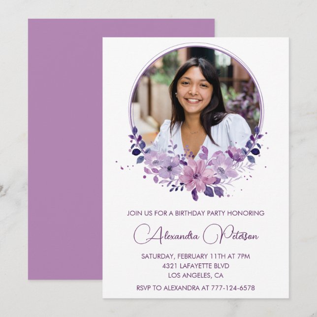 Moda Foto 27ª invitación de cumpleaños Floral Purp (Anverso / Reverso)