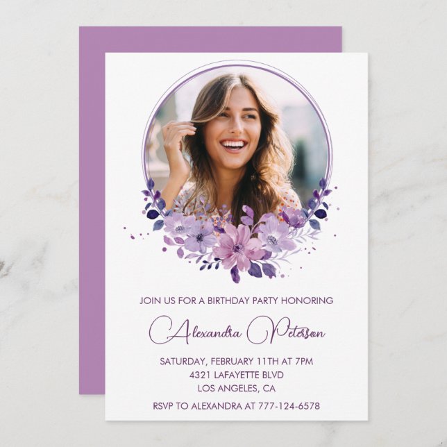 Moda Foto 37 cumpleaños invitación Floral Purple (Anverso / Reverso)