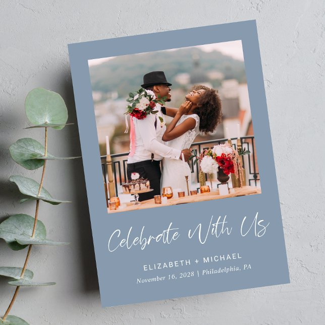 Moda Foto Dusty Blue Wedding Invitación a la recep (Celebrate your love story with a reception invitation showcasing your favorite wedding photo)