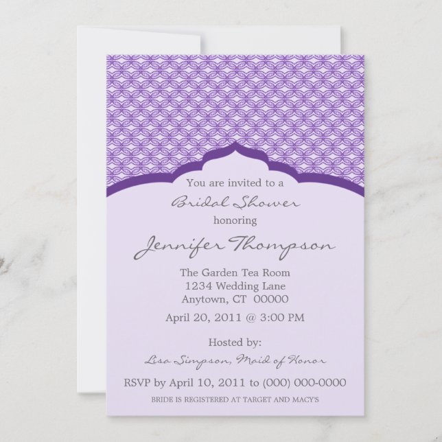 Moda glamurosa Invitación a ducha de novia, morado (Anverso)