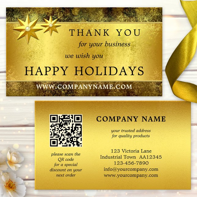 Moda Gold Gracias Tarjeta de Negocios Navidades QR (Elegant Christmas business card featuring a gold stylized design with stars and your custom QR code)