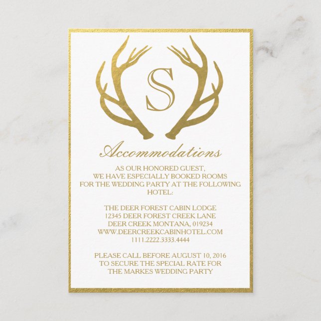 MODA GOLD | TARJETA DE ALOJAMIENTO DE BODA ANTLER (Anverso)