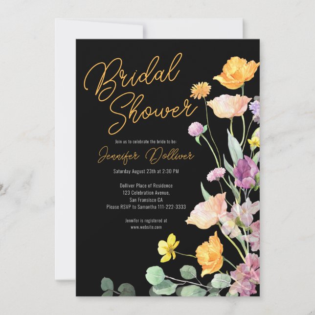 Moda Guión Flor Marrón Invitación a ducha de novia (Anverso)