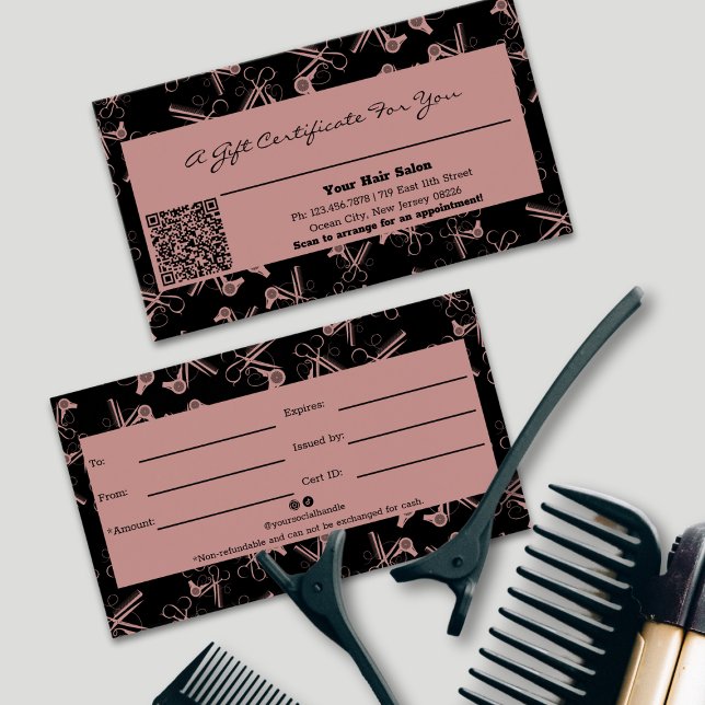 Moda Hair Tools Patrón QR Certificado de regalo de (Chic Hair Tools Pattern QR Code Gift Certificate, Tuscany Pink & Black)