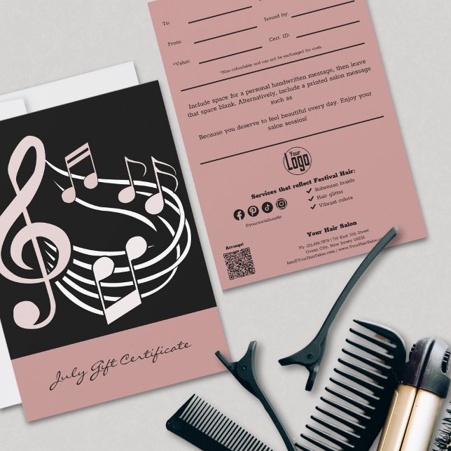 Moda Hairstylist Pink July Gift Certificate (Chic Hairstylist Pink July Gift Certificate, Logo, QR Code, Professional Tracking)