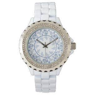 Moda Indigo Blue Floral Border reloj de pulsera fe