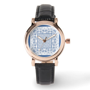 Moda Indigo Blue Floral Border reloj de pulsera fe