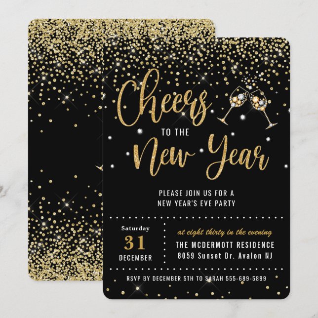 Moda Invitación a Fiesta de Nochevieja Purpurina d (Anverso / Reverso)
