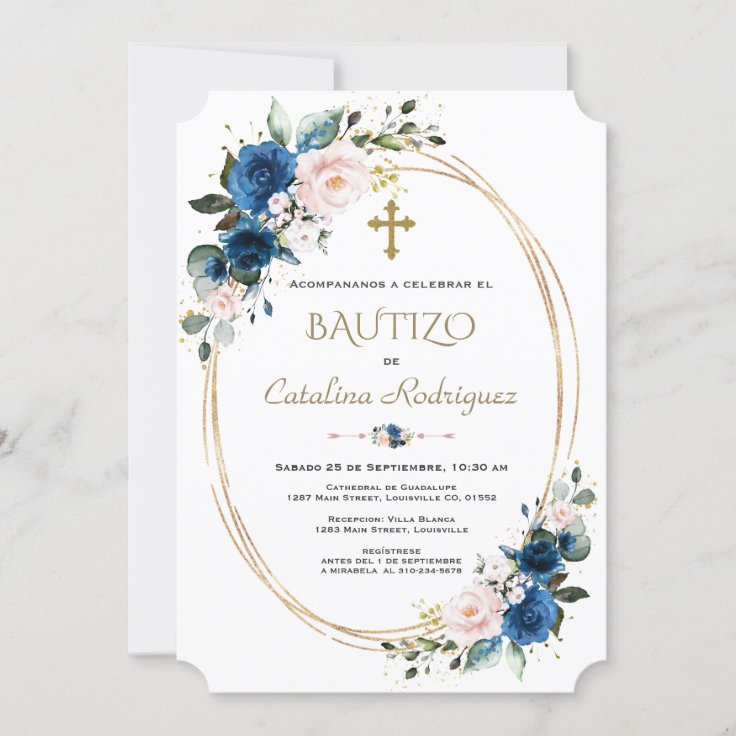 Moda Invitación De Bautizo Gold Con Flores Baptism 