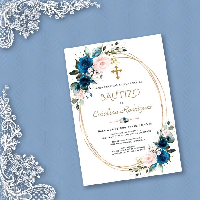 Moda Invitación De Bautizo Gold Con Flores Baptism (Subido por el creador)