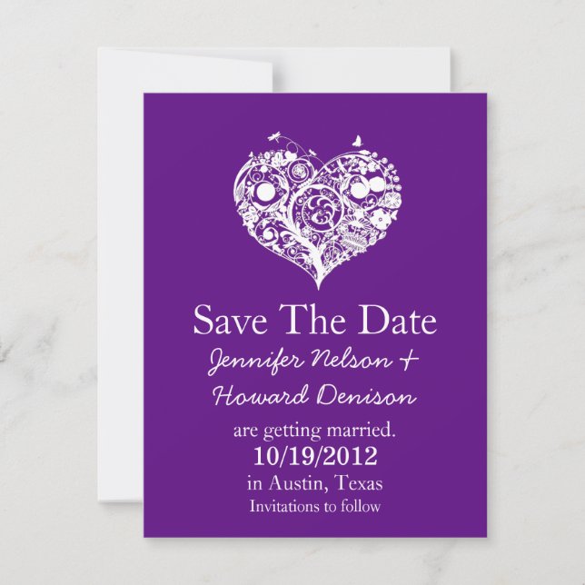 Moda Invitación de Boda de corazón morado y blanco (Anverso)