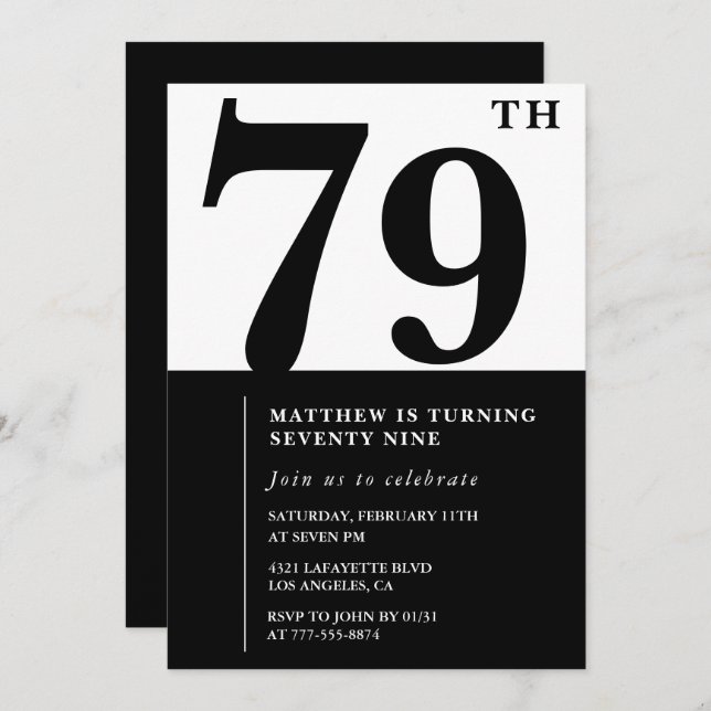 Moda Invitación de cumpleaños 79 en blanco y negro (Anverso / Reverso)